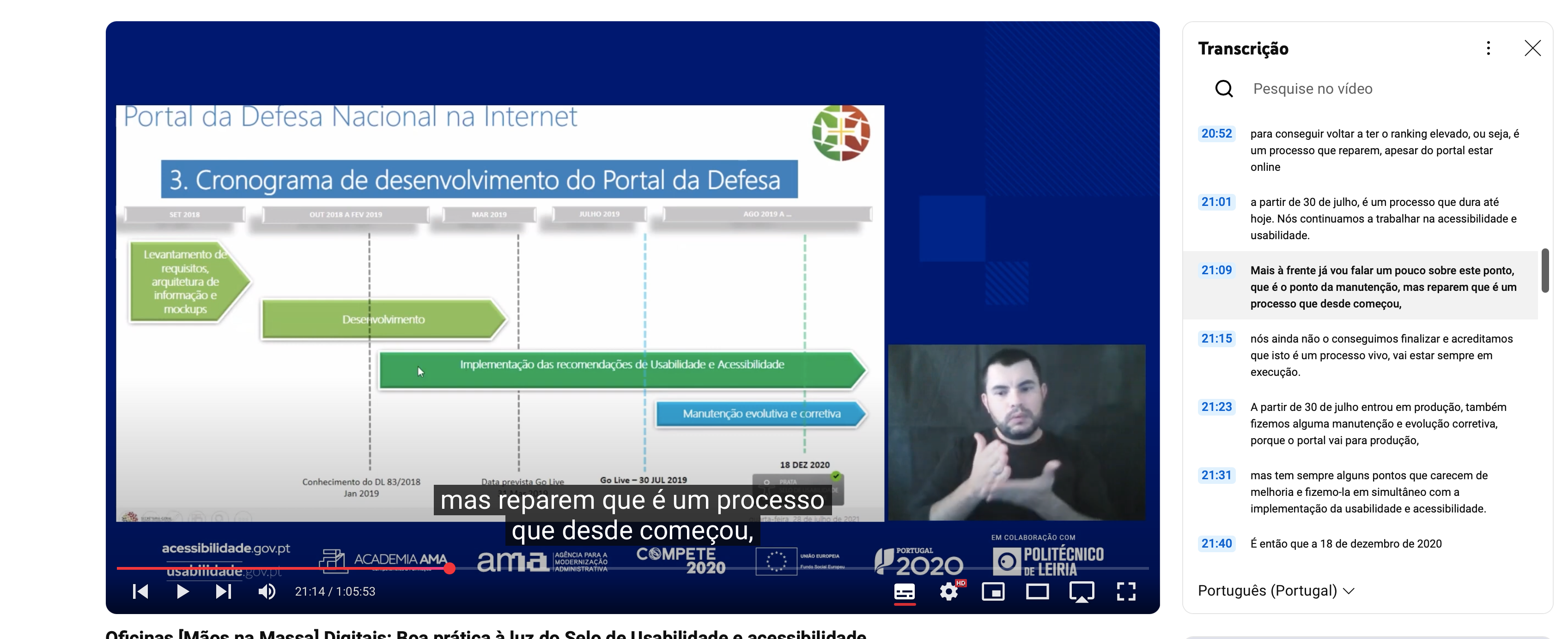 Youtube, um player com botões de controlo acessíveis, possibilidade de adicionar legendas fechadas e transcrição sincronizada