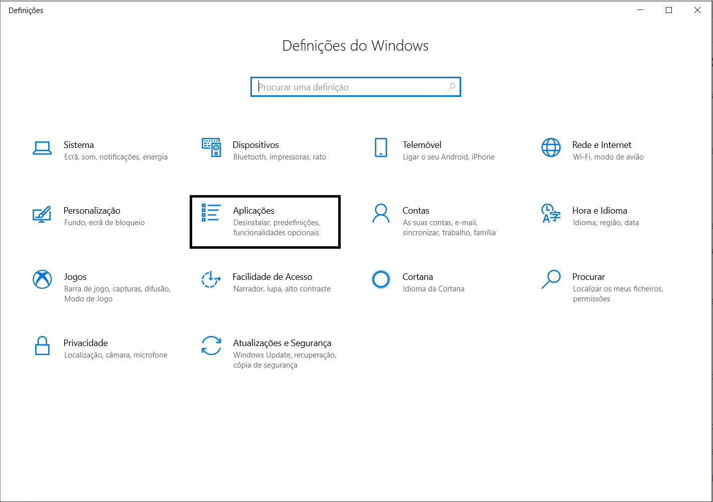 Ilustração: Definições em Windows